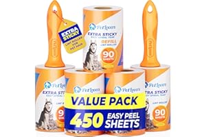 PetLovers Bardzo lepki wałek do kłaczków, zestaw 450 arkuszy do usuwania sierści zwierząt domowych i ubrań, środek do usuwania kłaczków psów i kotów, 5 szt., pomarańczowy