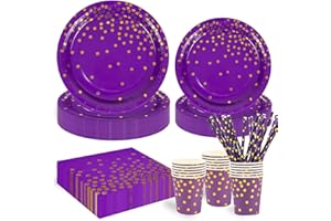 HFBOBP 125 Stück ViolettGold Kindergeburtstag Party Deko Zubehör Set, ​Papier Geschirrset einschließlich Pappteller Tasse Strohhalm und Servietten für Hochzeiten Deko Jubiläums