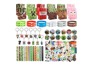 EKKONG 110 PCS Miner Party Bag Fillers, Birthday Supplies, Gamer Party Favours with Stickers Bracelet Party Bags Keychain Button Pins, Game Party Decorations for Kids