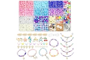 LIANGDING Abalorios para Hacer Pulseras, 600+ PCS Cuentas para Pulseras de Colores 6/8mm, Kit para Hacer Pulseras con Colgante de Sirena y Unicornio, DIY Manualidad Fabricación para Niños