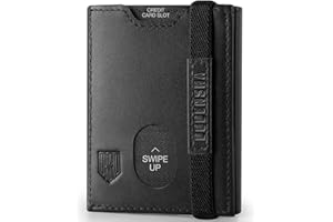 DODENSHA Męski, skórzany, wąski portfel z blokadą RFID, potrójnie spersonalizowane portfele dla mężczyzn z kieszenią na zamek błyskawiczny, okienko na dokumenty, elastyczny pasek, z pudełkiem na prezent, Czarny, 7 x 1.5 x 9 cm, Minimalistyczny
