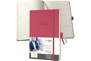 SIGEL C2470 terminarz tygodniowy 2024, ok. A5, czerwony, twarda okładka, 192 strony, gumowa taśma, szlufka na długopis, torba archiwalna, certyfikat PEFC, Conceptum