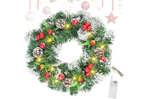 ‎GZGXKJ GZGXKJ 40cm Türkranz Weihnachten LED Weihnachtskranz für Tür Reine Handgefertigte Adventsfestkranz mit Beeren Schneeflocken Bedecken Weihnachtsdeko Kranz für Weihnachten Decorations