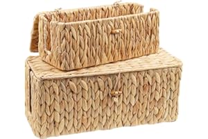 Caossuixin 2 Stück Kabelbox,Natürliche Geflochtene Wasserhyazinthe Kabelmanagement Box,Unter Schreibtisch Kabel Organizer Box mit Bambusdeckel,Kabelaufbewahrung mit Seitlicher Öffnung für Büro,Haus