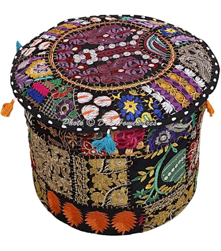 Fodera Cuscino Da Pavimento Ethnic Vintage Ricamato - Patchwork Verde 55x55 Cm In Cotone - Copri Pouf Fai Da Te - 3