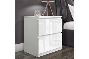 Blisswood High Gloss Chest of Drawers 2 Drawer Bedroom Storage Unit with Metal Runners, Small White Bedside Cabinet for Bedroom, Living Room, Nursery or Office Furniture (40D x 42W x 55H cm)