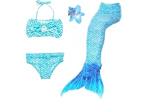 DAXIANG 3 Pièces Maillot de Bain Princesse Queue de Sirène Mermaid Bikini(Il y a la Boucle au Bas de la Queue,Pouvez Ouvrir pour Marcher ou Fermer pour Ajouter Monopalme) (120(4-5 Ans), Bleu)