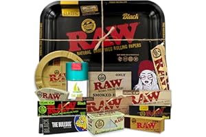 Regalo para fumadores Bandeja para liar Raw negro 27,5 x 17,5cm + Cenicero RAW + Bote Antiolor THE BOAT + Papel Raw 1 1/4 Organic, Black y Classic + The Bulldog + Tips, Orgánico y Classic + Cono