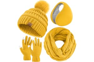URATOT Winter Warm Sets Gestrickter Schal Beanie Pompon Mütze Touchscreen Handschuhe und Winter Ohrenwärmer Set für Männer oder Frauen
