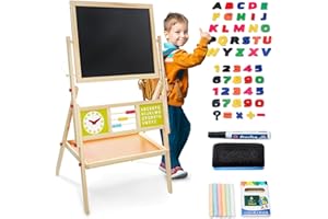 Mamabrum Tableau Enfant en bois 98 x 45 x 42 cm double face magnétique et craie - Tableau Blanc Magnétique - Chevalet Enfant avec Montre, Alphabet, étagère de rangement et accessoires