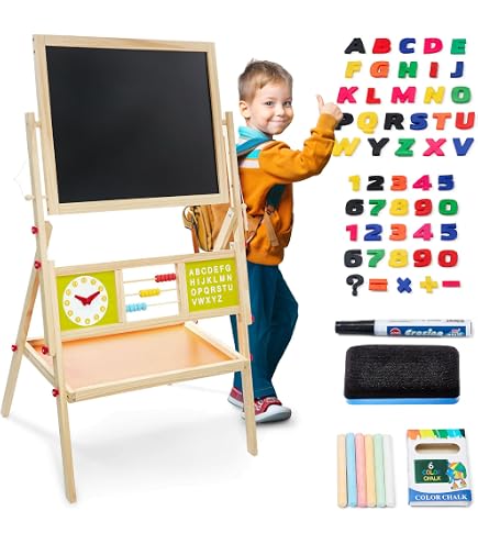 COSTWAY Chevalet Double Face Enfant – Tableau Magnétique Et Noir, Hauteur Réglable, Rouleau Papier Inclus, Pliable – Dès 3 Ans