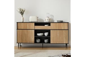 ModernLuxe Anrichte Kommode Sideboard mit 4 Schiebetüren und 1 Schublade, modernes Eiche-Schwarz-Design, 160 x 40 x 80 cm, vielseitiger Stauraum für Wohnzimmer, Esszimmer und Flur Natürlich+Schwarz