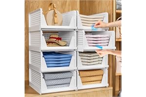 TidyIsles - Foldable Closet Organizer, 4 Pack Stackable Storage Boxes, Plastic Storage Baskets, Drawers for Bedroom, Kitchen and Bathroom Organization, White