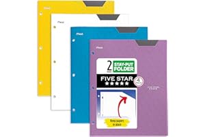 Five Star 2 Pocket Folders, 4 Pack, Plastic Folders with Stay-Put Tabs, Fits 3-Ring Binder, Holds 8-1/2” x 11" Paper, Writable Label, Tidewater Blue, White, Amethyst Purple, Harvest Yellow (38065)