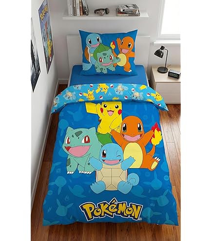 Halantex Pokemon beddengoed met Pikachu, Salamèche, Carapuce en Bulbizarre, dekbedovertrek 140 x 200 cm kussensloop, blauw, POK579