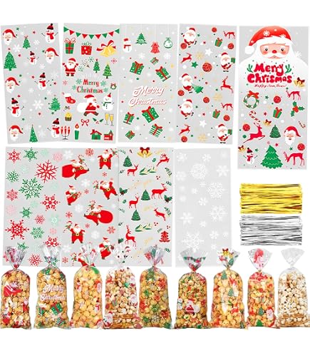 100 Stück Weihnachts-Zellophanbeutel Mit Bändern – 4 Designs, 12,7x27,9 Cm, Für Süßigkeiten & Geschenke