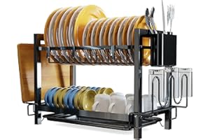 Yexati Égouttoir à Vaisselle 2 Niveaux， Egoutoire Vaisselle avec égouttoir, Égouttoir à Vaisselle Antirouille pour Le Comptoir de la Cuisine, avec Porte-ustensiles ，Noir