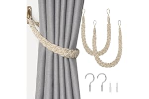 Pretty Jolly 2 Pack Natural Jute Rope Curtain Tiebacks Boho Rustic Style Decorative Drape Tie Backs Elegant Hand-Woven Rope Curtain Holdbacks with Metal Hook for Home & Office Drapery (Jute-Beige)