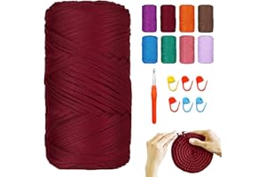 YushengTai Fettuccia, 400G/120M Fettuccia per Uncinetto con Aghi da 9,0 mm 6 Supporti, Filati per Borse Uncinetto Per Borse, Cestini, Coperte, Decorazioni per la Casa（Rosso Vino）
