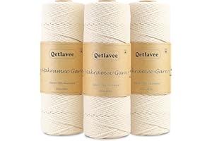 Qetlavee Premium Makramee Garn 3er Set | 2mm x 100M | 100% Natürliche Baumwollgarn | Plastikfreie Verpackung | Baumwollkordel | Baumwollseil für DIY Handwerk Stricken (Naturell)