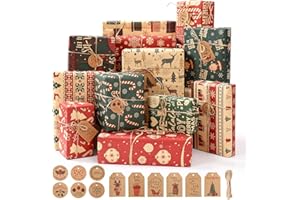 FAIRYMAIDEN Carta Regalo Natale Vintage 12 Fogli, 70x50 Kraft Carta Regalo Natalizia, Regali Natalizia Pacchi Inclusi Etichette Natalizie e Corda per Regali Natale Ragazza, Confezioni Natalizie, Feste Compleanno