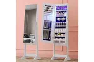 Lvifur Multifunktional 8LEDS SchmuckschrankTür-/Wandmontage/freistehender Spiegelschrank mit verstellbarem Acryl-Aufbewahrungsregal,abschließbarer Schmuck-Organizer mit Ganzkörperspiegel