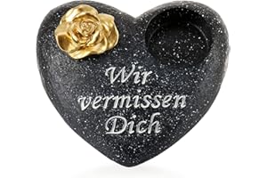 com-four® Grave Decoration in Heart Shape with Gold Rose - Memorial Stone with Holder for Grave Candle - Weatherproof Grave Ornament - Memorial Stone with Memorial Saying