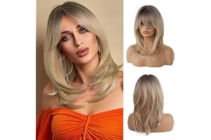 OUFEI 16 pulgadas de largo recto Ombre Rubio en capas pelucas de pelo sintético para las mujeres ligeramente curvada extremos del pelo con raíces oscuras para el uso diario de fiesta