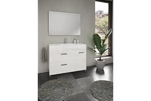 Atrios Modelo Marte Conjunto Baño con Patas, 2 Cajones y 1 Hueco con Puerta, Lavabo Porcelánico Incluido, Mueble MONTADO, Madera, Lacado Blanco, 100 cm