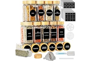 Lannvan 24pcs Botes Especias Cristal - Cuadrado Botes para Especias con Tapa de Madera - 120ml Frascos Especiarias - Tarros Especias incluir Tamiz, Embudo, Cepillo Limpieza, Etiquetas y Bolígrafo