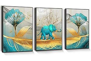 hyidecorart Cadre Noir Éléphant Doré Plume Turquoise Tableau Decoration Murale Salon Moderne, Décorations Chambre Salle De Bains Cuisine Bureau Salle À Manger Bar