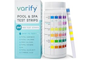 Varify 7 in 1 Pool and Spa Test Strips- Easy to Use Water Testing Kit for Pool, Spa, Hot Tub & More - Tester Strip for Water Hardness, Chlorine, Bromine, pH, Alkalinity and Cyanuric Acid (100 Strips)