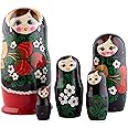 Heka Naturals Russian Nesting Dolls, 5 Traditional Matryoshka Hohloma Style | Babushka Wooden Dolls, Black, Golden Leave and Red Berries Design, Hand Made in Russia | Hohloma, 5 Piece, 6.7 inches