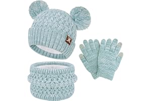 ZASFOU Kinder Winter Mütze Loop Schal Touchscreen Handschuhe Set 2 3 4 5 6 7 Jahre Kleinkinder Wintermütze Beanie Schlauchschal Strick Pom Mützen Geschenk Mädchen Jungen