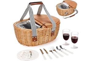 TWENTYNEXT Wicker Cooler Picnic Basket Set for 2 with Double Wooden Lids & Handles, Country Style Insulated Cooler Bag with Cutlery Service Kits, Willow Picnic Hamper Basket W/Lining for Camping, Party, Wedding