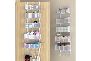 VyGrow Over The Door Storage, Metal Hanging Storage with 5 Adjustable Baskets and Coat Hook, White