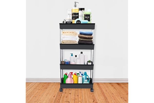 PULSBERY Plastic Multipurpose Storage Organizer Slim Rack Shelf With Wheels For Living Room, Office, Bedroom, Bathroom, Kids Room, Kitchen Trolley (Black, 4 Layer)