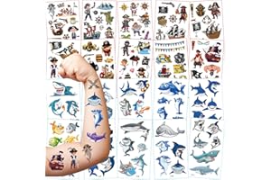 FLYFTREY 20 Hojas Tatuajes Temporales para Niños, Tema Pirata y Tiburón Tatoos Infantiles Impermeable Respetuoso Con la Piel, Tatuajes Regalos de Cumpleaños Festivales Fiestas Gift Bag Filler