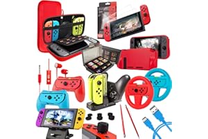 Switch Accessories Bundle - Orzly Geek Pack for Nintendo Switch: Case & Screen Protector, Joycon Grips & Racing Wheels, Switch Tablet & Controller Charge Docks & More [15 w 1] Colour.