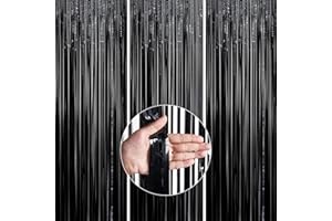 PartyWoo 3 Pièces Noir, Aluminium, Métallique de Frange Brillant, Tinsel Shimmer Rideaux pour Décoration Fête, Anniversaire, Toile de Fond(1x2m), Uni