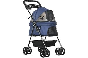 PawHut Poussette buggy pliable chien chat panier rangement porte-gobelets tissu 300D Oxford imperméable 4 roues bleu foncé