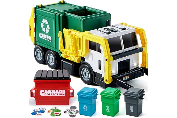 JOYIN Grand Camion Poubelle de 40 cm - Jouet à Friction avec lumières et Sons - avec Poubelle à Chargement Frontal - 3 Poubelles Latérales avec 30 Cartes Poubelle(Vert)