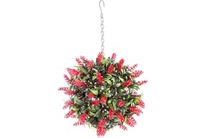 Best Artificial Lush Red Long Leaf Lavender Hanging Flower Ball Topiary Grass **UV Fade Protected** (24cm)