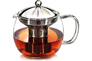 Willow & Everett Glass Teapot - Tea Pot & Warmer Set w/Cosy - Kettle w/in-Built Stainless Steel Infuser & Strainer to Brew Loose Leaf Tea - 3-4 Cups