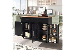 ‎DRIXNO DRIXNO Kücheninsel Freistehend mit Klappbarer Arbeitsplatte Küchenschrank Küchenwagen auf 5 Rollen, mit Ablage und 2 Schubladen, Schwarz Für Esszimmer 129 * 71 * 91.5cm
