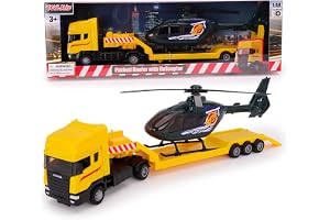 Toyland® 31cm (12”) Scania Flatbed Hauler With Helicopter & Detachable Trailer - 1:48 Scale Model Vehicle - Collectable Trans
