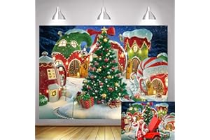 WANGRJ Christmas Village Backdrop Xmas Tree Candy Gift Winter Fairy House Background Kid Family Party Decoration Photo Booth Props 7x5FT