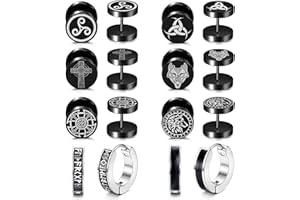 JeweBella 8Pair Pendientes Hombres Acero Inoxidable Vikingos Runa Negro Pendientes Cabeza de Lobo Nudo Celta Juego de Pendientes Classic Punk Hipoalergénico Pendientes de Aro para Hombres Mujeres