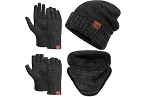 Maylisacc 3 Pcs Slouch Beanie Hiver Thermal Snood Écharpe et Gants Tactile Écran Hommes Femmes avec Épaisse Polaire Doublure