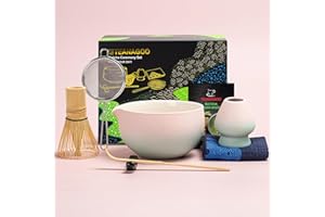 TEANAGOO Japanese Tea Set (7pcs) Matcha Whisk Set Matcha Bowl with Pouring Spout Bamboo Matcha Whisk (Chasen) Scoop (chashaku) Matcha Whisk Holder. N11, Green Grident Pink